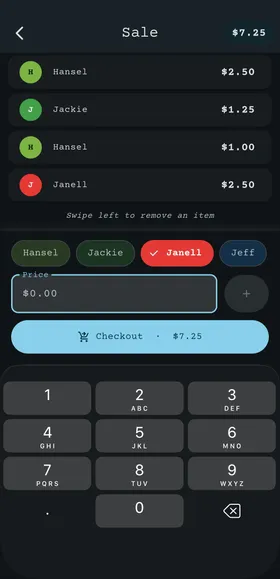 Sale screen with seller chips and a running cart of items