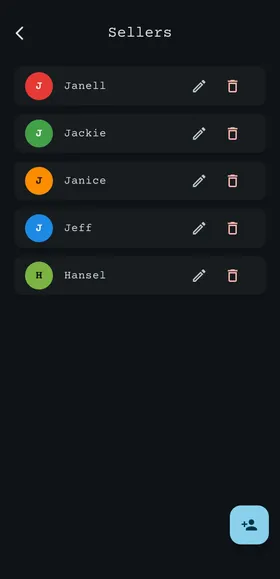 Sellers screen showing a list of sellers with colored avatars
