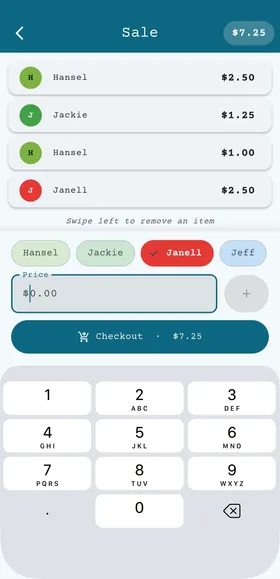 Sale screen with seller chips and a running cart of items