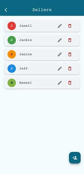 Sellers screen showing a list of sellers with colored avatars